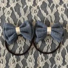 ハンドメイド デニム風ふんわりダブルリボンヘアゴム 2個セット
