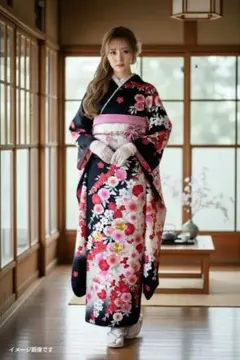 成人式　高級振袖フルセット　黒地 牡丹・桜 豪華金彩 卒業式 結婚式