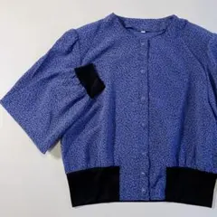 used レトロ 青系 総柄ノーカラーブラウス古着 ヴィンテージ vintageのサムネイル