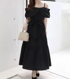 【ROYAL PARTY】リボンディテール ティアード ワンピース ブラック