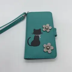 ネコのスマホブック型ケース グリーン スマホケース