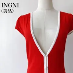 【美品】　イング　バイカラーフェイクダイヤボタンVネックパフスリーブカーディガン