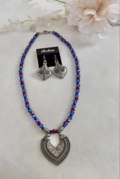 【新作】青とマルンのビーズ ネックレスとピアス2点セット