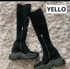 yellow ブラックスエード厚底ニーハイブーツ