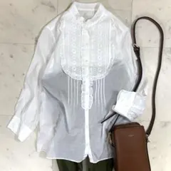 美品 イエナ ブラウス フロントレース 白 バンドカラー 七分袖 日本製 洗える