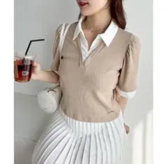 新品 NICE CLAUP レイヤード半袖トップス ベージュ