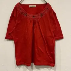 【ピュアネイチャー】半袖　Tシャツ　カットソー　赤　コットン　M　ラウンドネック