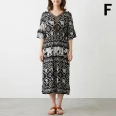 【美品】エスニック柄 ゾウ柄 マキシ丈 ロングワンピース ボヘミアン