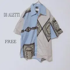 ディアレッティ総柄シャツ FREE 半袖 レトロ 幾何学柄 バイカラー 古着