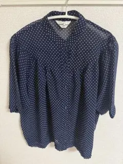 ネイビー ドット柄 半袖シャツ　水玉模様