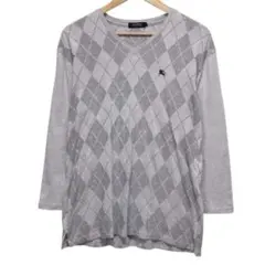 バーバリーブラックレーベル　七分袖Tシャツ　アーガイル柄　刺繍ロゴ　グレー　3