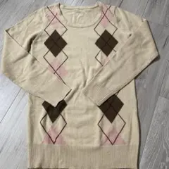 ダイヤモンド柄ニットセーター 長袖 ベージュ ピンク
