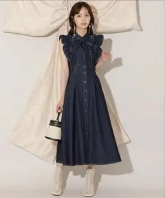 WILLSELECTION フリルスリーブリボンタイシャツワンピース　ブラック