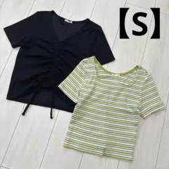 【Sサイズ】 GU ミニT リブ　ボーダー　半袖カットソー　ブラック　Vネック