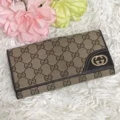 美品✨ グッチ 長財布 GGキャンバス インターロッキング 二つ折り ブラウン
