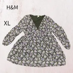 H&M 花柄チュニック　ワンピース ブラック パープル XL カシュクール 長袖