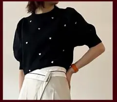 新品 ハート刺繍 パフスリーブサマーニット ショート丈/黒×白フリー