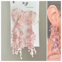 【再販】シフォンフラワー ピンク ブライダル ピアス イヤリング ハンドメイド