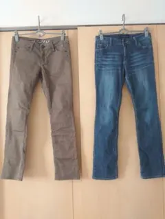 カーキとブルーデニムのパンツセット