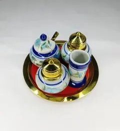 【アジア風】卓上調味料入れセット 陶器製 花柄 ゴールド トレイ付6点セットのサムネイル