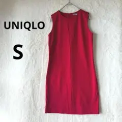 美品 UNIQLO S レッド 赤 ポンチワンピース ノースリーブ ドレス