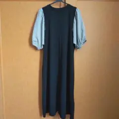 セシール♡重ね着風半袖ワンピース♡黒地♡袖チェック柄♡Lサイズ