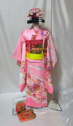 七五三　７歳用　ピンク着物　作り帯コーディネート一式　美品