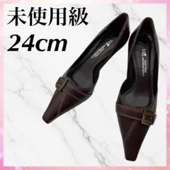 未使用級✨23区パンプス 24cm 茶 ポインテッドトゥスクエアトゥ バックル