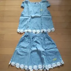 デニムブルー 花柄刺繍 トップス＆スカートセット 100cm