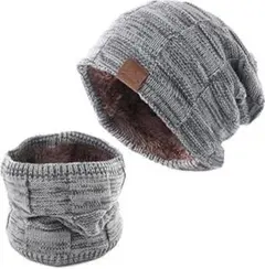 ネックウォーマー ニット帽セットメンズ 冬 防寒 ふわふわ裏起毛 ライトグレー