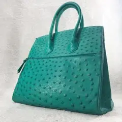 ✨美品✨サンゼ SANZE グリーン オーストリッチ ハンドバッグ 大容量本革✧