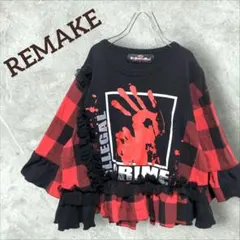 XL相当　プリントtシャツ×チェックフリルドッキング　派手ロック　古着リメイク