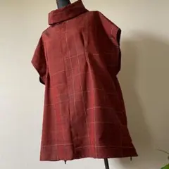 臙脂色　紬ロールカラー　トップス　チュニック
