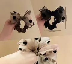 リボン付きヘアゴム 3個セット ベージュ・黒ドット.茶色