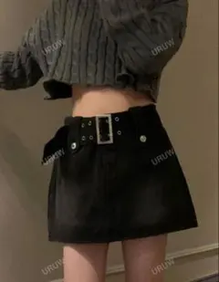ベルト付きデニムスカート ブラック