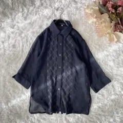 Natural Basic シアーブラウス（L）紺色　刺繍ステッチ　花柄　透け感