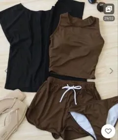 カップ付き 水着 3点セット ブラウン L 美品