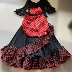 ショートエプロン　黒赤水玉　赤黒ドット・水玉フリル　フラメンコ　衣装 フラメンコ ピキージョ・エプロンセット 水玉 レッド×ブラック