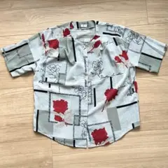 バラブラウス　半袖　elegance 襟なし　昭和レトロ　LL大きめゆったり