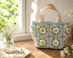 グラニースクエアトートバッグ❁デイジーモチーフ❁お花柄❁大人