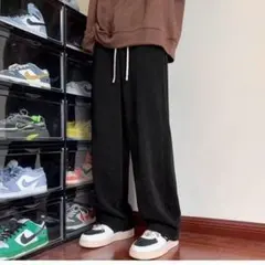 コーデュロイ ワイドストレートパンツ XL ブラック カジュアル 男女兼用 黒のサムネイル