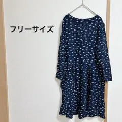 猫柄 ネコ ねこ ネイビー 長袖 ひざ丈 ワンピース【フリーサイズ】