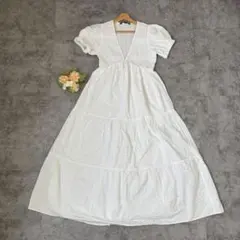 ［ZARA］ホワイト刺繍ロングワンピース（S）半袖