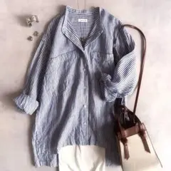 美品▲SHIPS any リネン ストライプ シャツ バンドカラー 羽織り