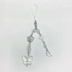 1点限り 現品ビーズキーホルダー♥即購入⭕️蝶々 羽 花 十字架 2連キーホルダー