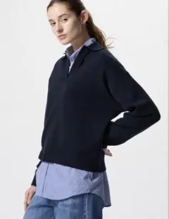 uniqlo スムースコットンリラックスポロセーター navy M