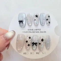シルバー×水色 黒リボン 星柄 オーロラ Y2K 韓国 ワンホン ネイルチップM