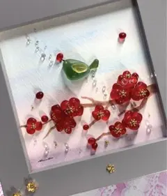 N1428 梅と鳥 正月飾り インテリア シーグラスアート 玄関飾り ナチュラル