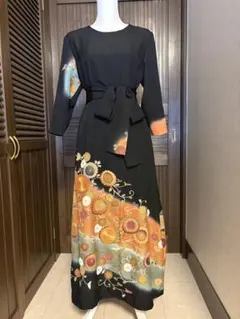 着物リメイク　黒留袖　ロングワンピース　　オレンジグリーン　作家物