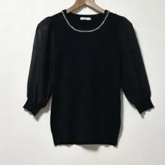 ビジュー付きカットソー 七分袖 薄手ニット シフォン袖 黒 Lサイズのサムネイル